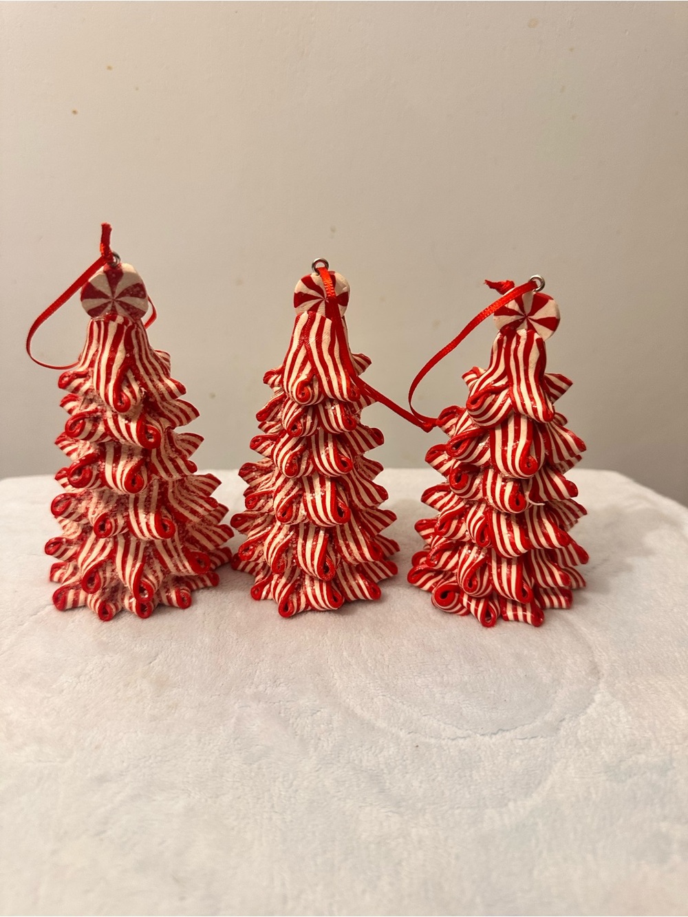 Striped Peppermint Candy Cane Christmas Tree Ornaments Glitter - Set of 3